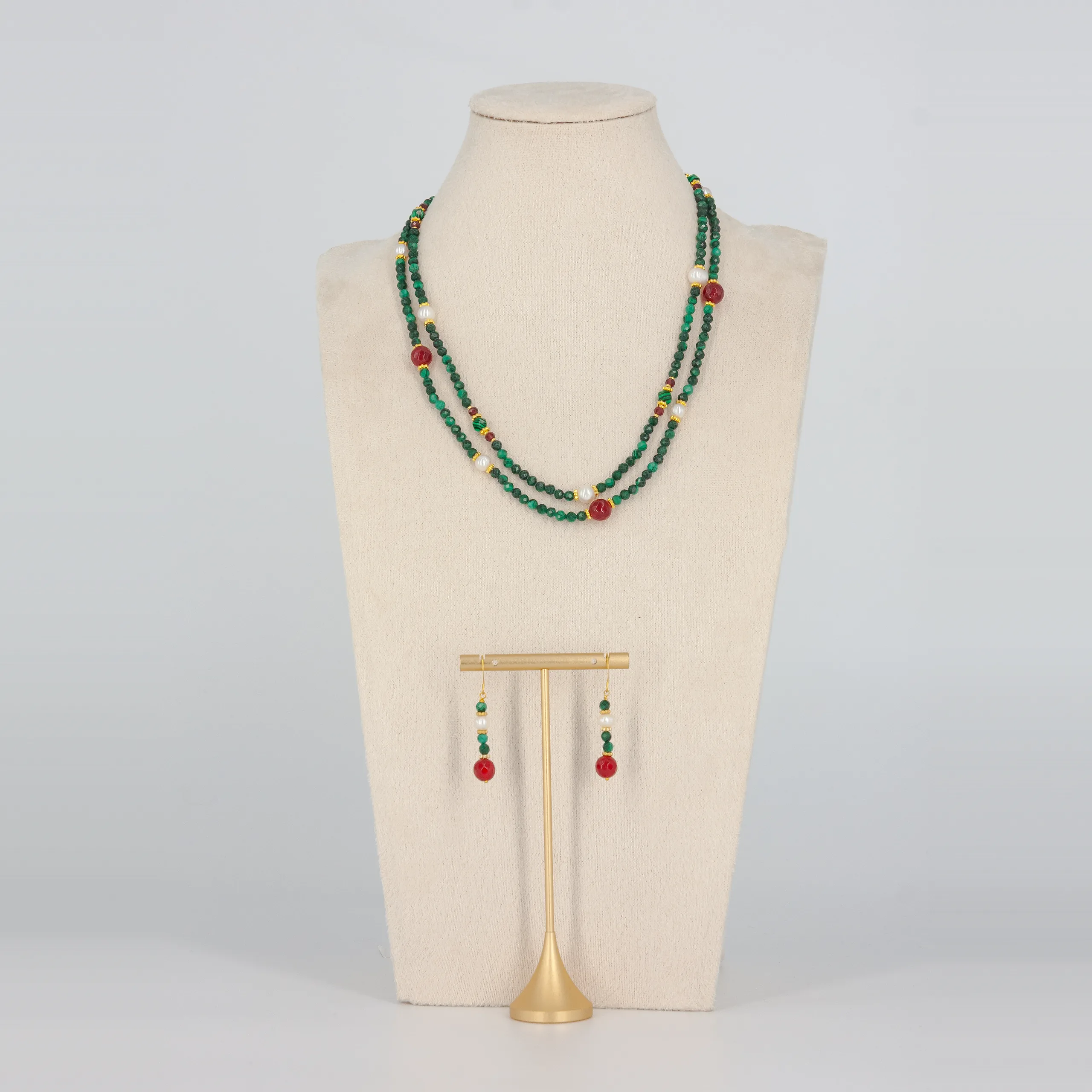 Malachit Schmuckset mit rotem Chalcedon
